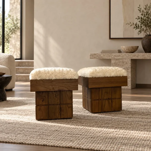 Solid Wood Grid Pouf with Cream Upholstered Top, 48 cm in clay — in a room setting