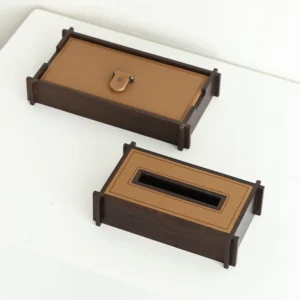 Walnut and Caramel Leather Tissue Box and Tray Set in walnut — front view