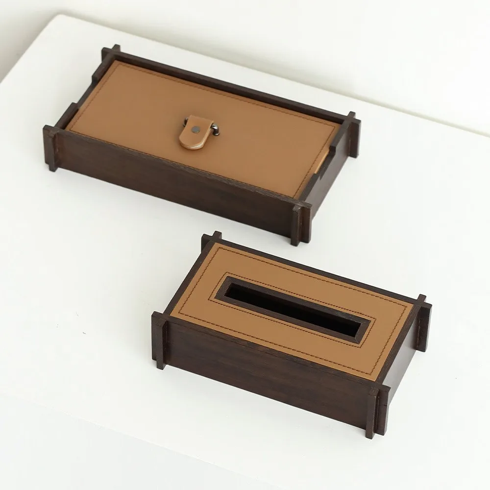 Walnut and Caramel Leather Tissue Box and Tray Set in walnut — front view
