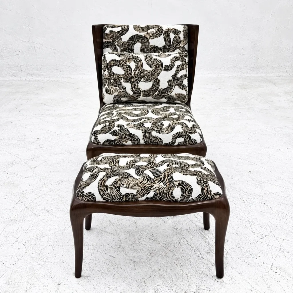 Bentwood Solid Wood Lounge Chair with Ottoman in Art Jacquard — front view