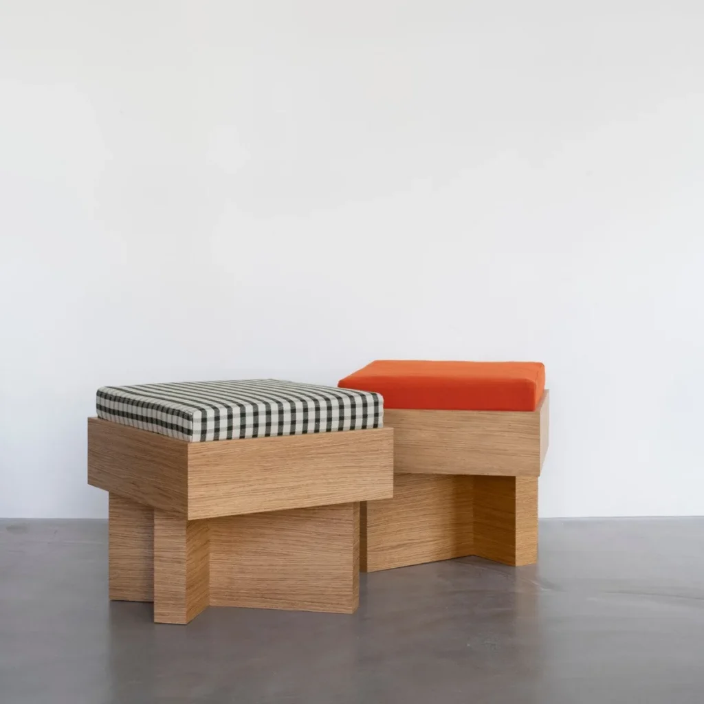 Solid Oak Low Stool with Gingham or Orange Cushion in natural oak — front view