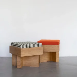 Solid Oak Low Stool with Gingham or Orange Cushion in natural oak — front view