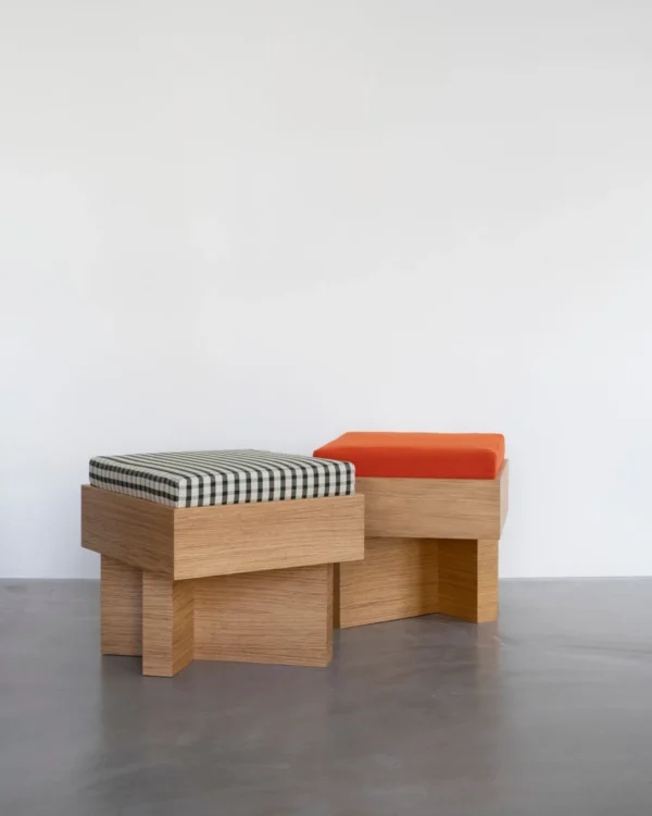 Solid Oak Low Stool with Gingham or Orange Cushion in natural oak — in a room setting