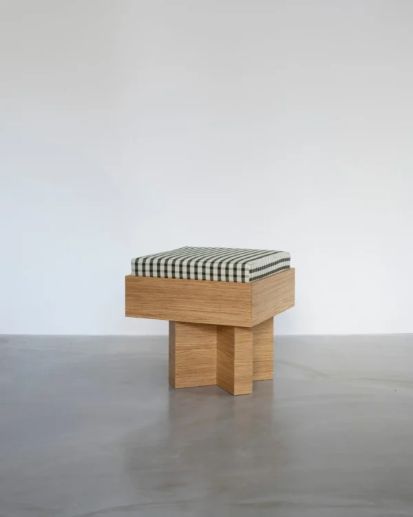 Solid Oak Low Stool with Gingham or Orange Cushion in natural oak — in a room setting