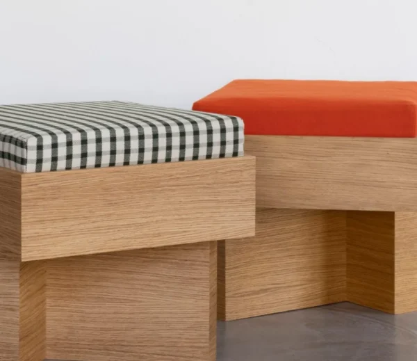 Solid Oak Low Stool with Gingham or Orange Cushion in natural oak — in a room setting