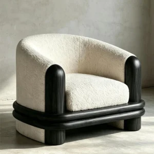 Smoked Solid Wood Sculptural Tub Chair in Cream Bouclé — front view