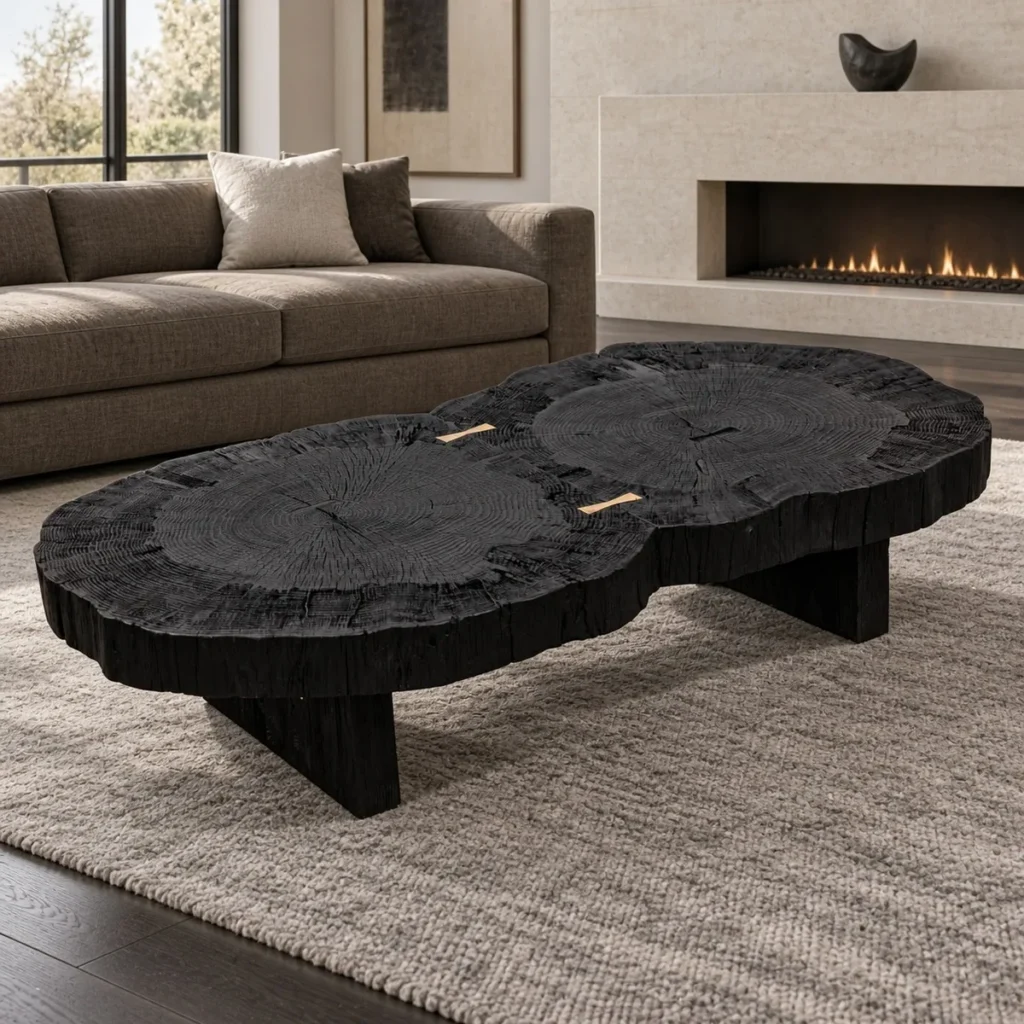 Charred Solid Wood Live Edge Coffee Table with Brass Inlay in black — front view
