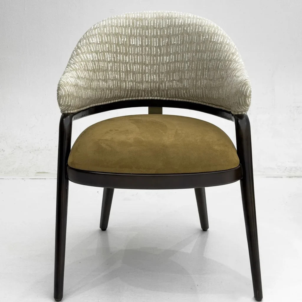 Wraparound Dining Chair in Jacquard and Olive Velvet — front view