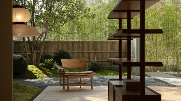 Solo Coffee Chair in Oak with Leather Seat and Side Tray — in a room setting