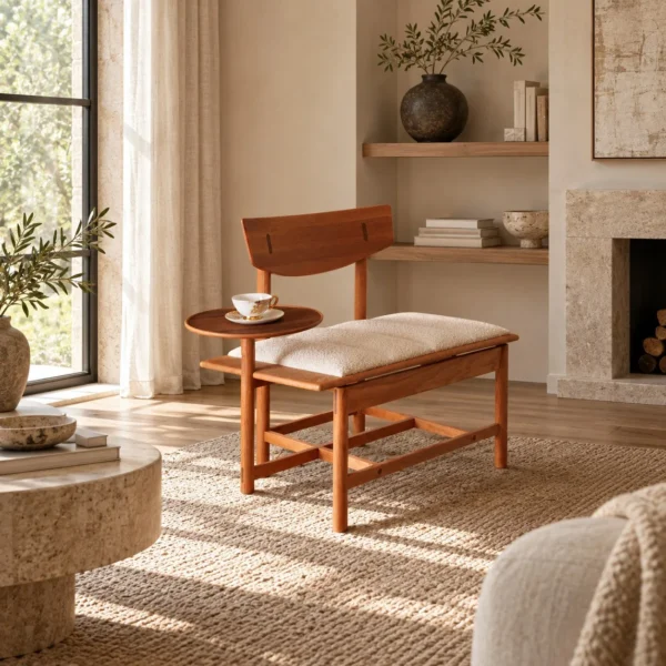 Smile Oak Lounge Chair with Curved Back and Side Tray in natural oak — in a room setting
