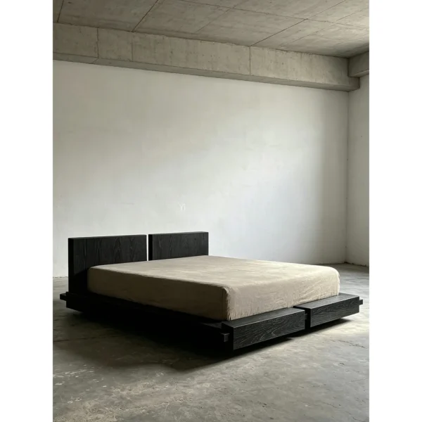 Somnus Low Black Oak Platform Bed in black — in a room setting