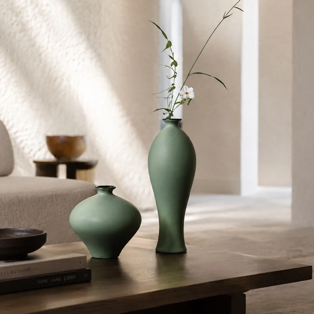 Song Aesthetic Ceramic Vases in olive — front view