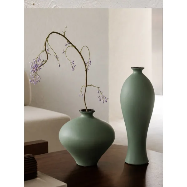 Song Aesthetic Ceramic Vases in olive — in a room setting