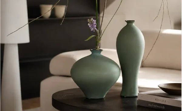 Song Aesthetic Ceramic Vases in olive — in a room setting