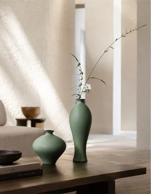 Song Aesthetic Ceramic Vases in olive — in a room setting