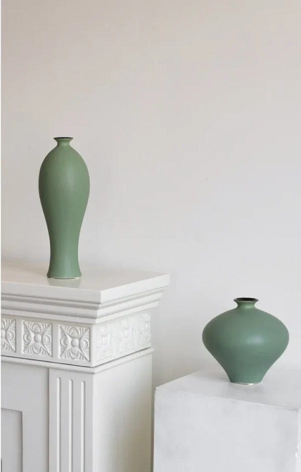 Song Aesthetic Ceramic Vases in olive — in a room setting