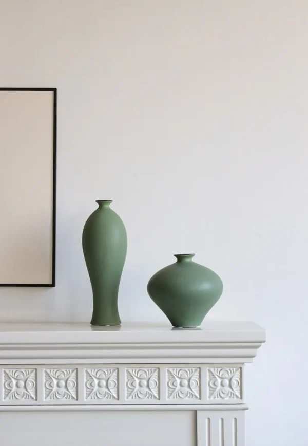 Song Aesthetic Ceramic Vases in olive — in a room setting