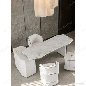 Zhibai Song-Style White Marble Tea Table Set in ivory — in a room setting