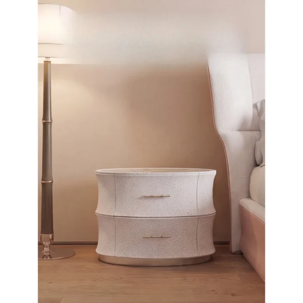 Song-Style Crackle-Glaze Nightstand with Green Marble Top in ivory — in a room setting