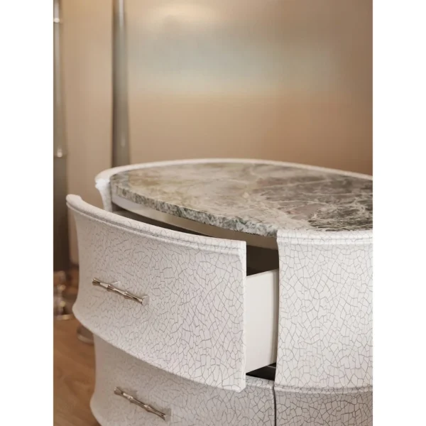 Song-Style Crackle-Glaze Nightstand with Green Marble Top in ivory — in a room setting