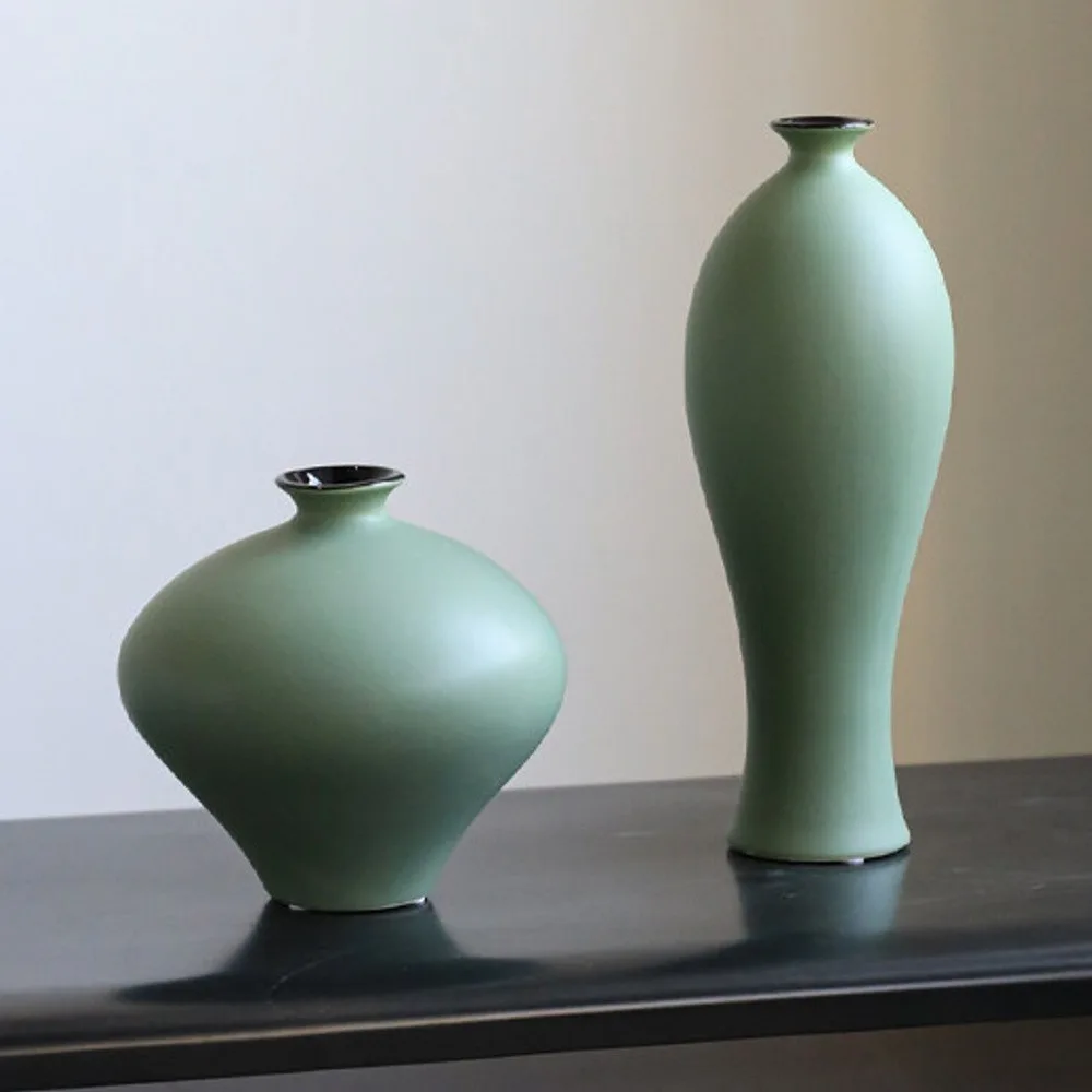 Celadon Green Matte Ceramic Vases in Song Silhouettes — front view