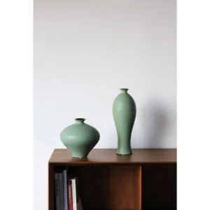 Celadon Green Matte Ceramic Vases in Song Silhouettes — in a room setting