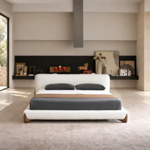Softbay Shearling Bed with Walnut Feet in oatmeal — front view