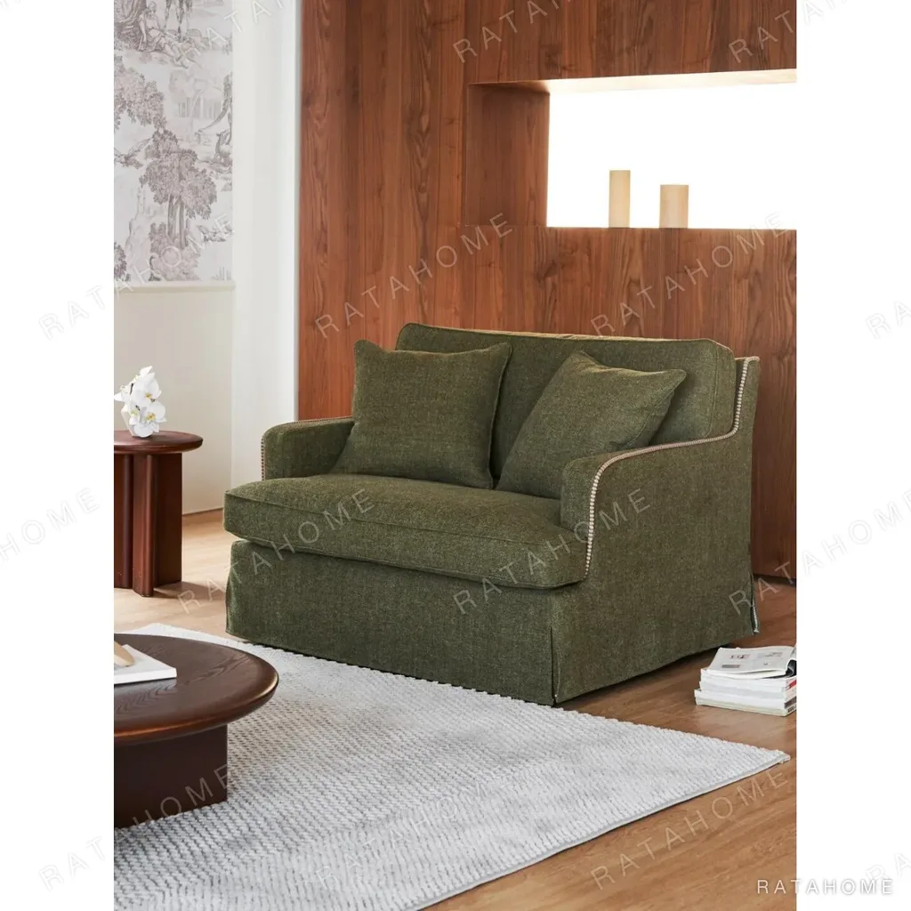 Souffle Slipcovered Sofa in olive — in a room setting