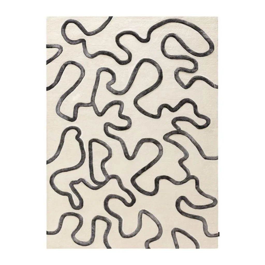 Charcoal Squiggle Line Rug on Ivory in oatmeal — front view