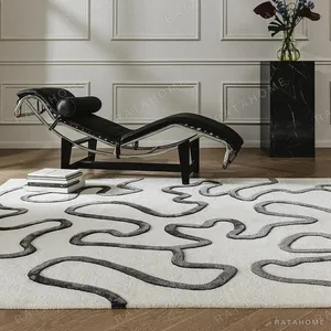 Charcoal Squiggle Line Rug on Ivory in oatmeal — in a room setting