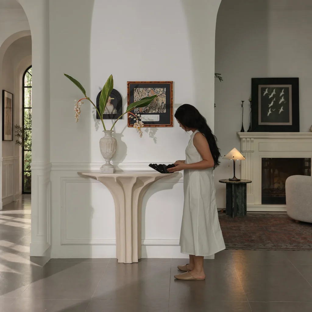 Fluted Column Console Table in Cream Stone-Effect Finish — front view