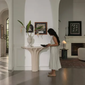 Fluted Column Console Table in Cream Stone-Effect Finish — front view