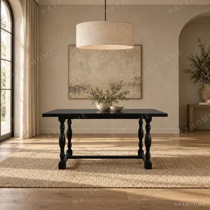 Spindle Black Long Table with Turned Legs and Stretcher in black — in a room setting