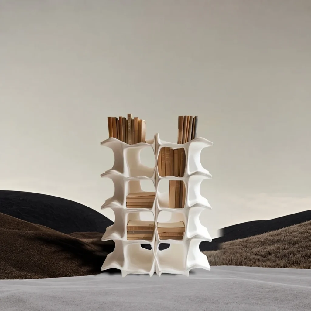 Spine Sculptural Bookshelf in White Composite — front view