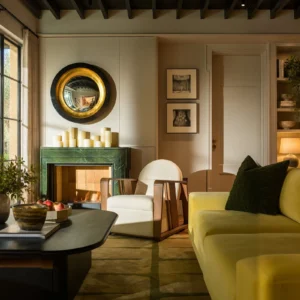 Spring Yellow Curved Sofa with Oak Frame Furniture in mustard — front view