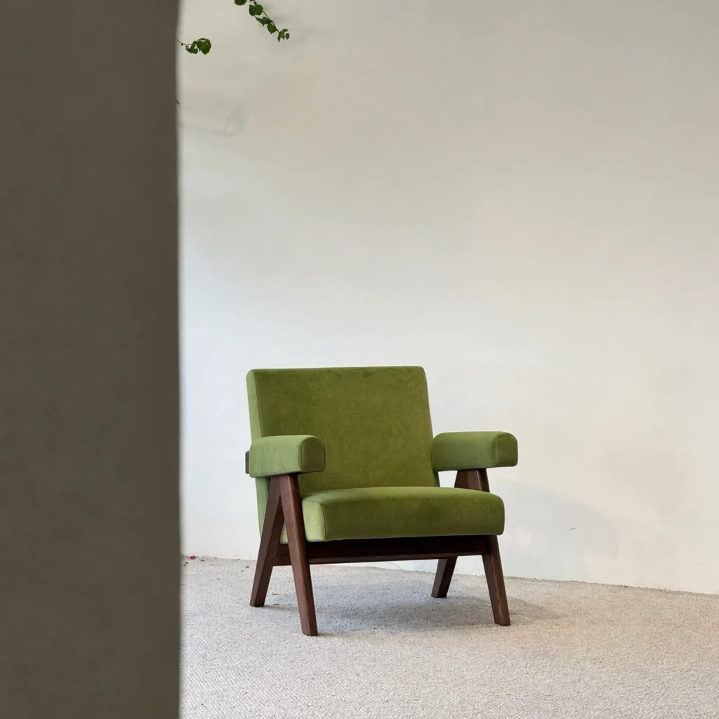 Mid-Century Walnut Armchair in Matcha Green Fabric — front view