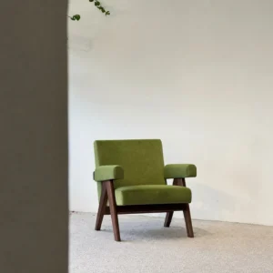 Mid-Century Walnut Armchair in Matcha Green Fabric — front view