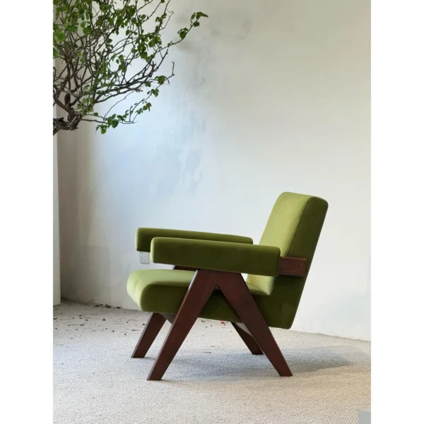 Mid-Century Walnut Armchair in Matcha Green Fabric — in a room setting