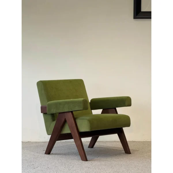 Mid-Century Walnut Armchair in Matcha Green Fabric — in a room setting