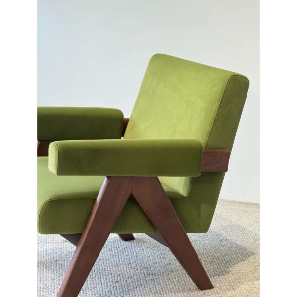 Mid-Century Walnut Armchair in Matcha Green Fabric — in a room setting