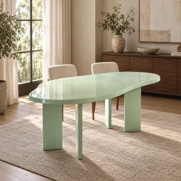 Spring Mist Green Cloud-Shaped Dining Table in olive — in a room setting