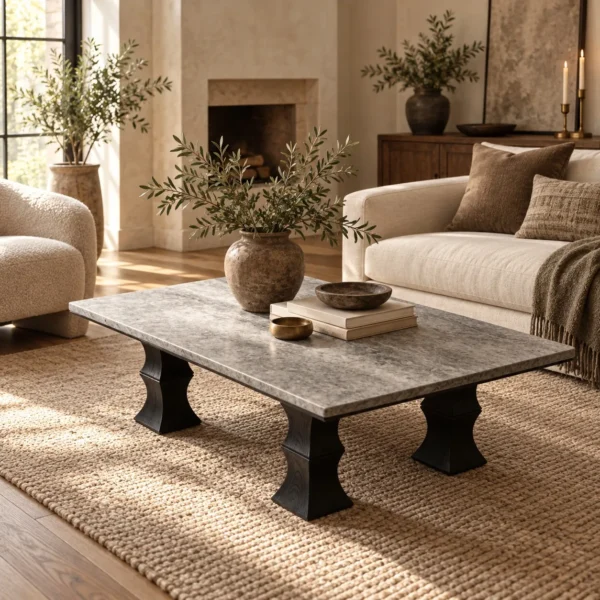Square Bamboo-Form Coffee Table with Grey Stone Top in slate — in a room setting