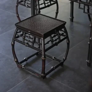 Square Dark Bamboo Stool with Woven Top and Lattice Apron in black — front view