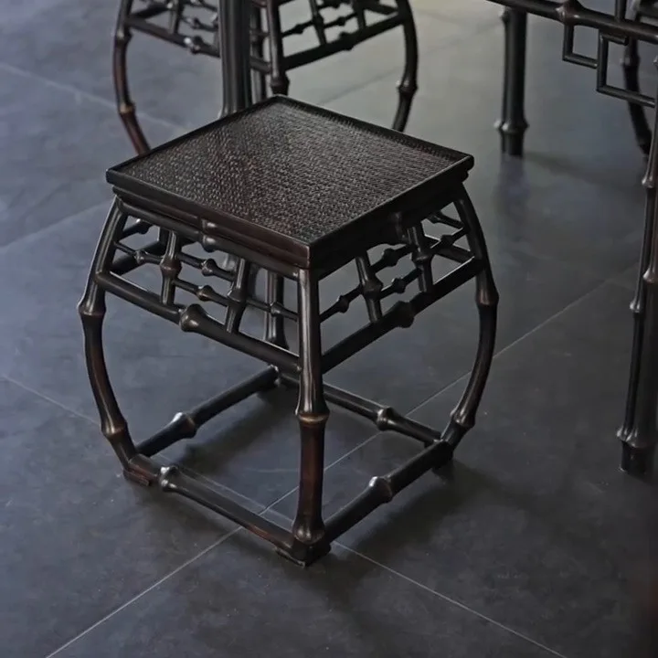 Square Dark Bamboo Stool with Woven Top and Lattice Apron in black — front view