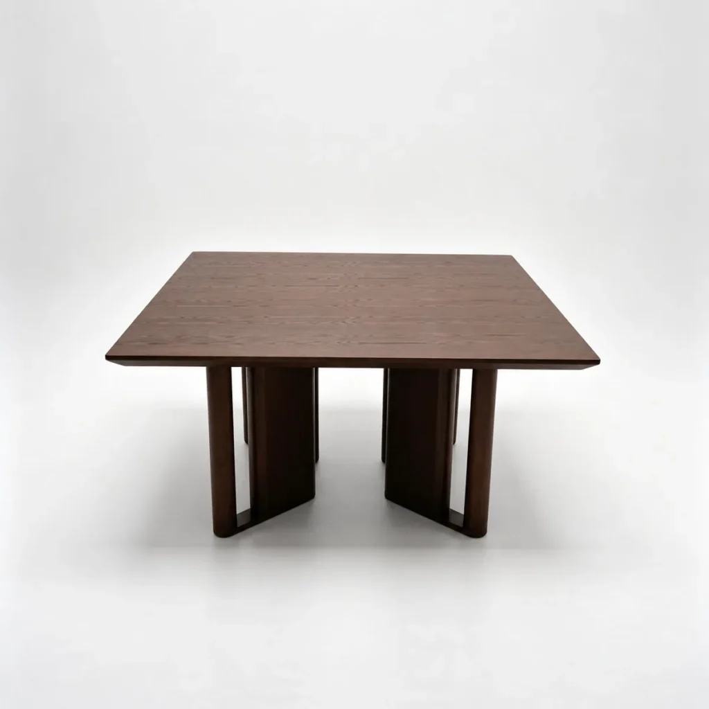 Square Ash Veneer Dining Table on Cross-Panel Base in walnut — front view