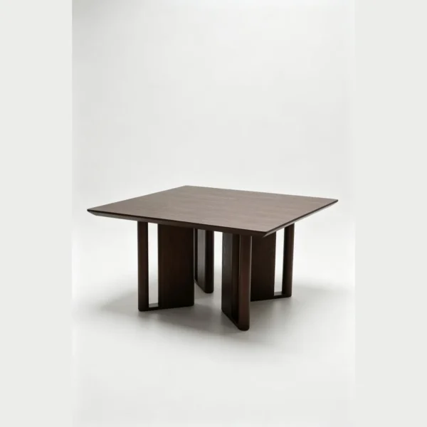 Square Ash Veneer Dining Table on Cross-Panel Base in walnut — in a room setting