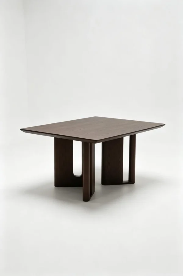 Square Ash Veneer Dining Table on Cross-Panel Base in walnut — in a room setting