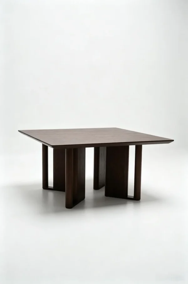 Square Ash Veneer Dining Table on Cross-Panel Base in walnut — in a room setting
