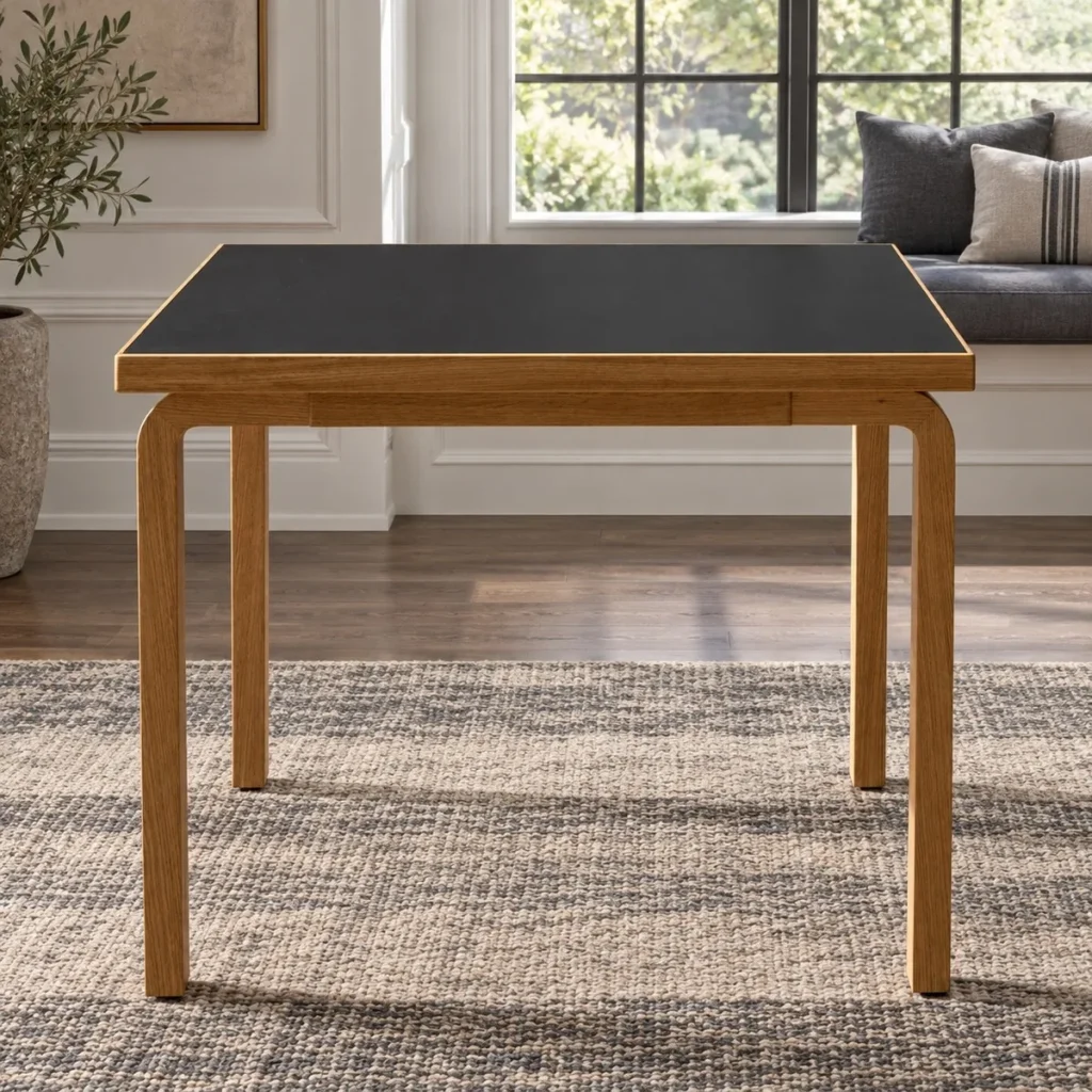 Black-Top Square Dining Table with Bent Oak Legs in black — front view