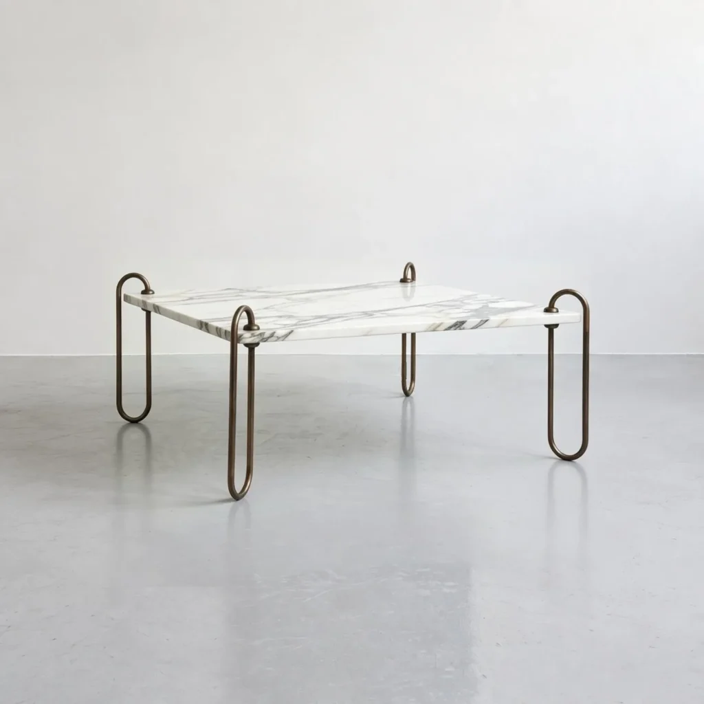 Rectangular Marble Coffee Table on Looped Brass Legs, 110 cm in ivory — front view